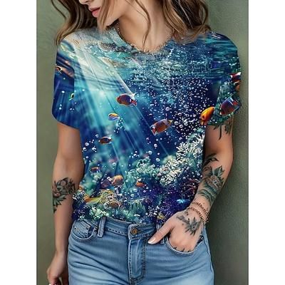 Per donna Maglietta Stampato Oceano Vintage Elegante Casual Manica Corta Girocollo Top Regolari Quotidiano Blu Rosa Azzurro Estate Primavera