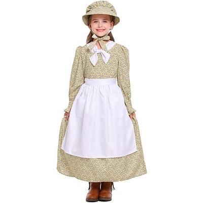 250° anniversario USA Periodo coloniale 19° secolo Abito da prateria Set cuffia e grembiule Lunghe Ragazza pioniera Coloniale Guerra rivoluzionaria Floreale Costume Ragazze Halloween Carnevale