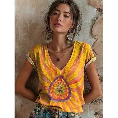 Per donna Maglietta Stampato Floreale Grafico Vintage Elegante Classico Manica Corta Scollo a V Top Regolari Quotidiano Cenere Giallo Arancione Rosa Estate Primavera