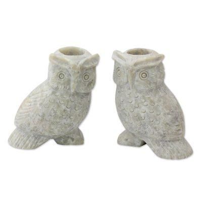 Night Glow,'Hand Carved Soapstone Owl Candle Holders (Pair)'