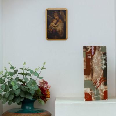 Angel and Child,'Decoupage on Pinewood Antique Wall Plaque of Angel and Child'