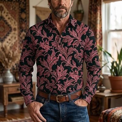 Retrò Vintage Anni '70 Camicia Camicia Aloha Lunghe Hippie Etnico Costume Per uomo Mascherata Festival Musicale Feste Abbigliamento quotidiano Adulti Camicia