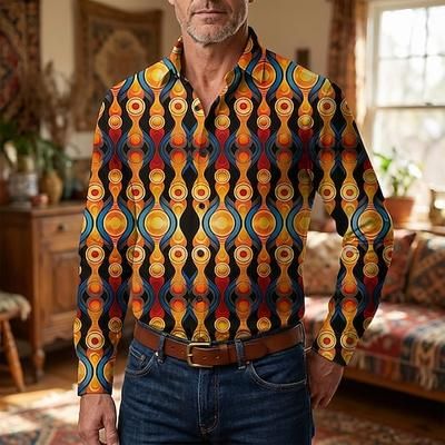 Retrò Vintage Anni '70 Camicia Camicia Aloha Lunghe Hippie Geometrico Costume Per uomo Mascherata Festival Musicale Feste Abbigliamento quotidiano Adulti Camicia