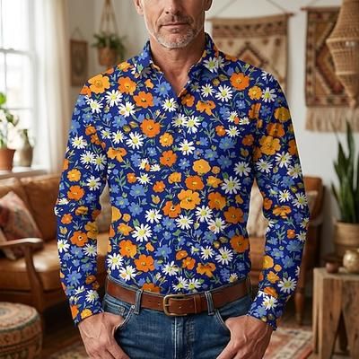 Retrò Vintage Anni '70 Camicia Camicia Aloha Lunghe Hippie Floreale Costume Per uomo Mascherata Festival Musicale Feste Abbigliamento quotidiano Adulti Camicia