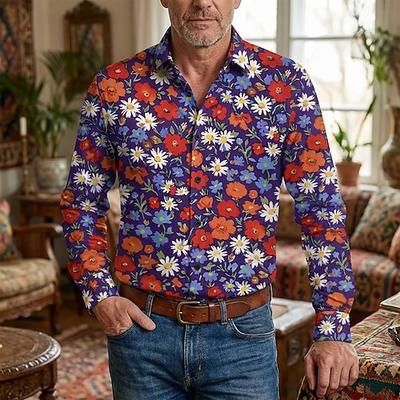 Retrò Vintage Anni '70 Camicia Camicia Aloha Lunghe Hippie Floreale Costume Per uomo Mascherata Festival Musicale Feste Abbigliamento quotidiano Adulti Camicia