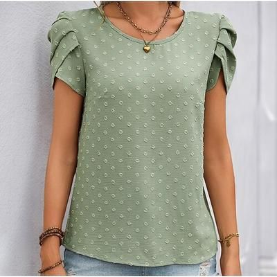 Per donna Maglietta Pois Pieghe Vintage Elegante Casual Manica Corta Ad aletta Manica a Palloncino Girocollo Top Regolari Quotidiano Uscire Verde Estate Primavera