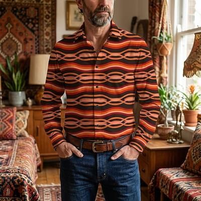 Retrò Vintage Anni '70 Camicia Camicia Aloha Lunghe Hippie Geometrico Costume Per uomo Mascherata Festival Musicale Feste Abbigliamento quotidiano Adulti Camicia