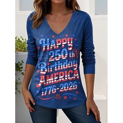 Giorno dell'Indipendenza Americana Per donna Maglietta Stampato Grafico Bandiera Americana Vintage Elegante Casual Manica Lunga Scollo a V Top Regolari Quotidiano Weekend Blu Bianco Blu marino Estate