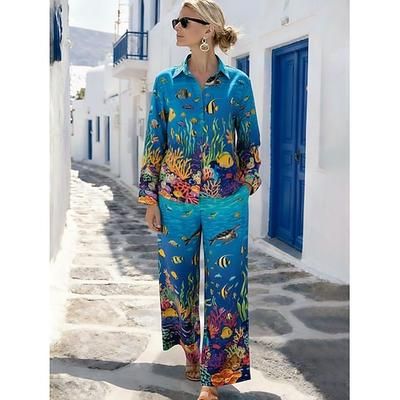Per donna Set da due pezzi Set di Pantaloni Bolero Top Manica Lunga Colletto a Camicia Floreale Grafico pianta Stampato Quotidiano Elegante Casuale Quotidiano Spiaggia Blu Giallo Rosso Estate