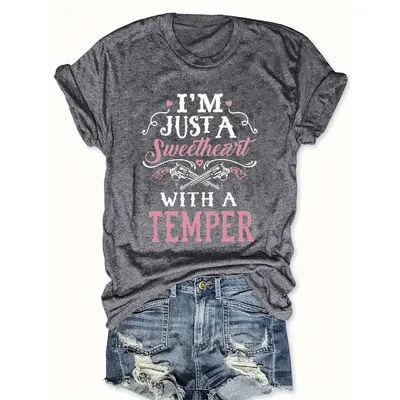 T-shirt pour femme I'm Just A Sweetheart With A Temper - Motif Western, haut décontracté gris foncé