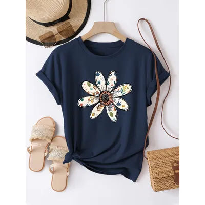T-shirt Boho Daisy pour femme - Motif floral, haut décontracté bleu marine