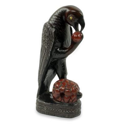 Wood sculpture, 'Parrot with Palm Fruit'