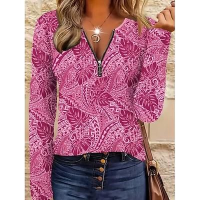 Per donna Maglietta Cerniera Stampato Grafico Geometrico Astratto Vintage Moda Elegante Manica Lunga Girocollo Scollo a V Top Regolari Quotidiano Blu Giallo Rosa Rosso Grigio Primavera Autunno