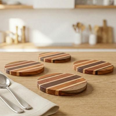 '4 Eco-Friendly Striped Hand-Carved Reclaimed Wood Coasters'
