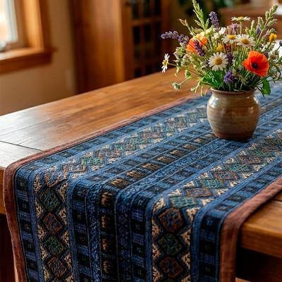 Midnight Indigo,'Geometric Cotton and Silk Table Runner Handwoven in Thailand'