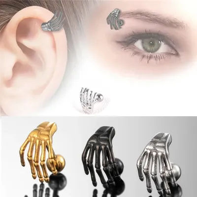 1Pc Black/Gold/Silver Color Skeleton Claw Helix Piercing Punk Piercing Eyebrow Studs Ghost Hand Claw Earring Unisex Body Jewelry