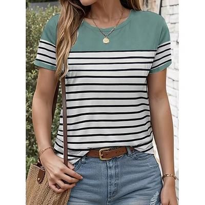Per donna Maglietta Stampato Grafico Geometrico A righe Vintage Elegante Classico Manica Corta Girocollo Top Regolari Quotidiano Rosso Verde Estate Primavera