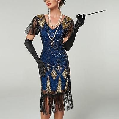 Anni Ruggenti Anni 1920 Lunghezza al ginocchio Vestito Abito Flapper Abiti da Ballo Maniche corte Il grande Gatsby Paillettes Costume Per donna Halloween Balli di fine anno Festa serale Feste Adulti