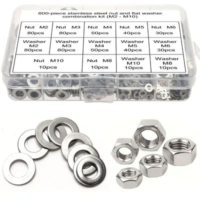 600-piece set - 300 stainless steel nuts and 300 flat washers combination kit (M2 - M10) for mechanical and home maintenance.