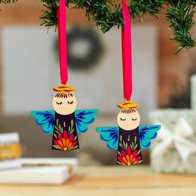 'Handmade Angel-Themed Wood Ornament Pair with Nylon Ribbons'