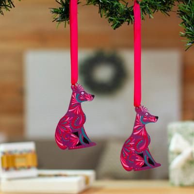 'Pair of Pink-Toned Hand-Painted Dog-Shaped Wood Ornaments'