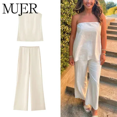 MUJER femmes pantalons ensembles épaules dénudées haut court femme Satin taille haute pantalons ensembles pour femmes 2 pièces tenue d'été femme pantalon