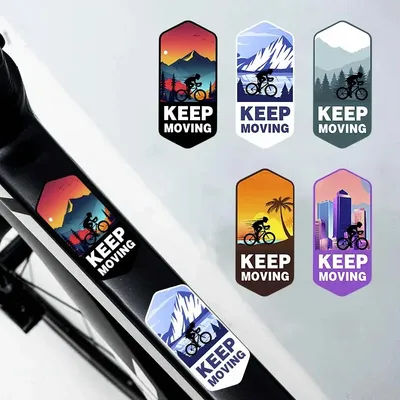 2-Piece KEEP MOVING Mountain Bike Sticker - Waterproof Hexagonal Frame Sticker, Landscape Design (Mountains, City Skyline,