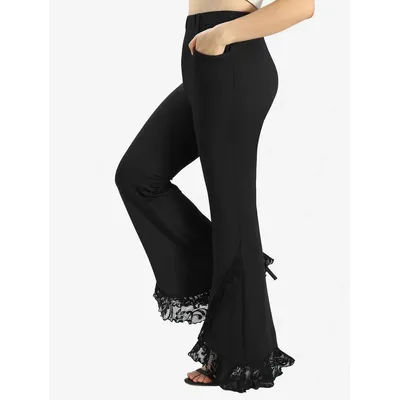 Pantalon évasé taille haute extensible pour femme, avec dentelle florale, volants et poches, décontracté, grande taille 5XL, noir