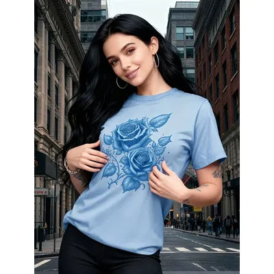 T-shirt pour femme à motif floral bleu rose - Haut graphique décontracté bleu clair