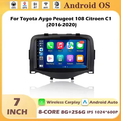 Navigation GPS 7 pouces, Android Auto sans fil, Carplay pour Toyota Aygo, Peugeot 108, Citroën C1 2016-2020, Bluetooth, DSP, stéréo, DVR, BT