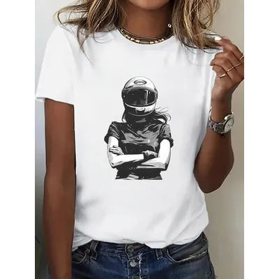 T-Shirt pour femmes, imprimé graphique motard, décontracté, col rond, manches courtes, haut d'été, vêtements confortables