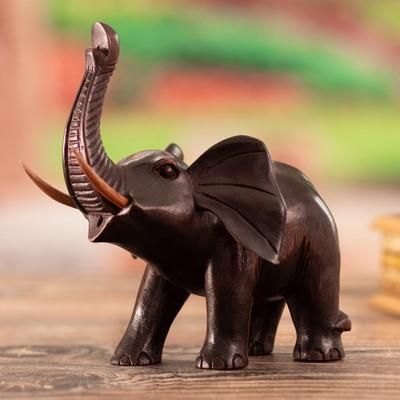 'Artisan-Made Hand-Carved Brown Cedarwood Elephant Sculpture'