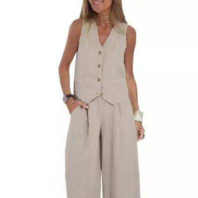 2025 nouvelles femmes gilet haut + pantalon Patchwork coton lin costume décontracté été solide femmes gilet haut + pantalon à jambes larges deux pièces ensemble