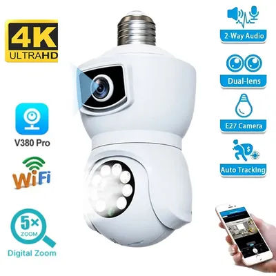E27 4K 8MP Dual Screen WiFi Bulb Camera Color Night Vision Dual Lens PTZ Camera Auto Tracking Two Way Audio Security Camera