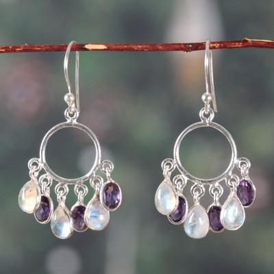 '3-Carat Rainbow Moonstone and Amethyst Chandelier Earrings'