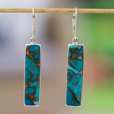 Vibrant Bar,'Reconstituted Turquoise Taxco Silver Bar Dangle Earrings'