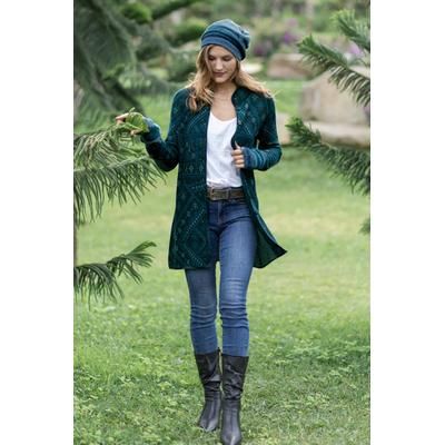 Nordic Chic in Forest,'100% Baby Alpaca Green Long Cardigan with Mandarin Collar'