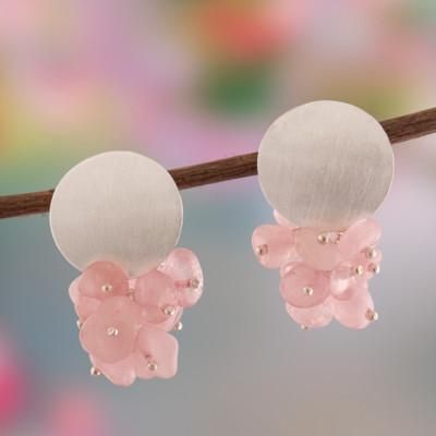 Pink Enchantment,'Rose Quartz Sterling Silver Cluster Earrings from Peru'