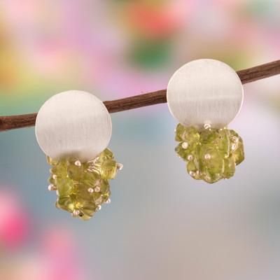 'Peridot Silver Cluster Earrings with Brushed-Satin Finish'