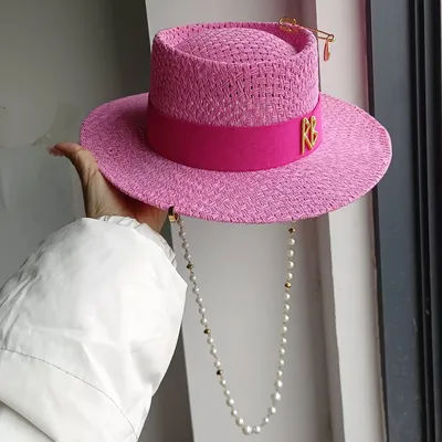 Chapeau de paille rose pâle avec chaîne, chapeau de soleil en paille perlé, nouveau chapeau Pork Pie avec ruban élastique, chapeau de plage, chapeau de soleil