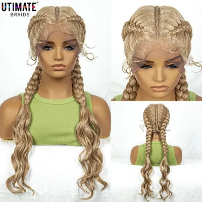 Synthetic Cornrow Braided Wigs with Curly Wave for Women Lace Frontal Afro Hair Braids Wig with Baby Hair for Girls 30 Inches