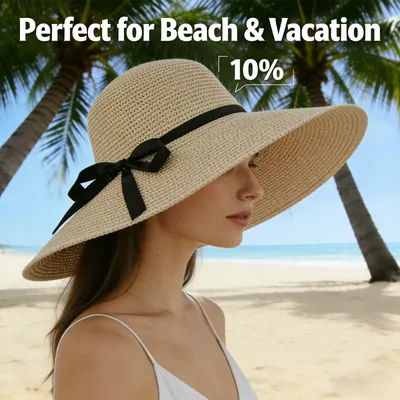 Chapeau de paille à large bord pour femmes, 1 pièce, à la mode, avec nœud pliable, chapeau de soleil de plage, Style coréen, accessoire de vacances fait à la main
