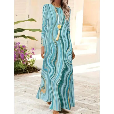 Robe pour femme à motif imprimé, style décontracté, bleu, vert, or, motif vague