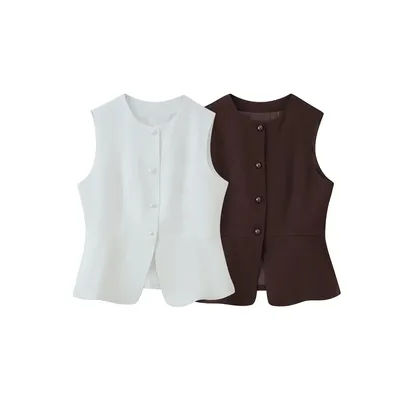 Gilet à simple boutonnage sans manches et col rond pour femme, haut couleur blanc et café