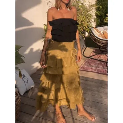 Jupe mi-longue à plusieurs niveaux pour femmes, vert armée, Vintage, décontractée, élégante, longue, Chic, Streetwear, mode, taille élastique