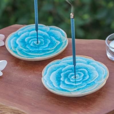 'Handcrafted Rose-Shaped Blue Ceramic Incense Holders (Pair)'