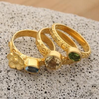 '3 Gold-Plated Citrine Peridot and Blue Topaz Stacking Rings'