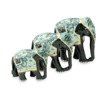 Lacquered wood sculptures, 'Blue Elephant Trio' (set of 3)