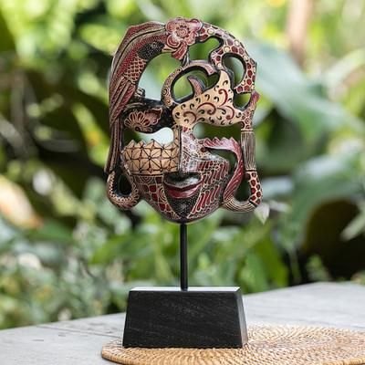 Queen of Forest,'Traditional Batik Red and Brown Pule Wood Mask with Stand'