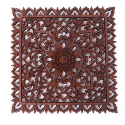 Come Into Blossom,'Hand Carved Wood Relief Panel with Floral Motif from Bali'